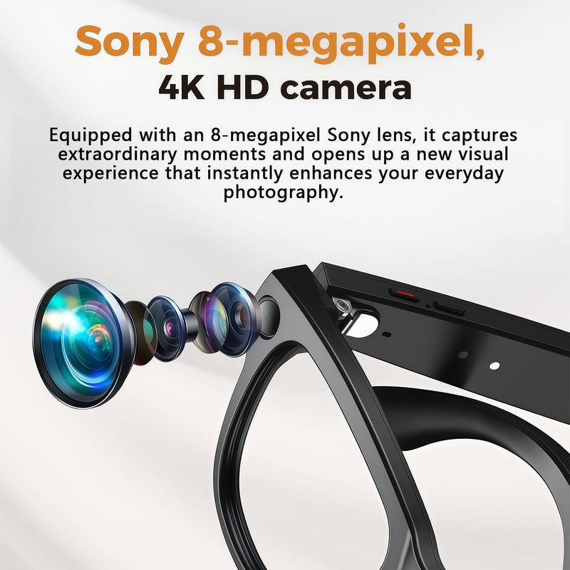 AI Smart Glasses with Real-Time Language Translation & 4K Camera | ChatGPT Powered Voice Assistant, Open Ear Headphones, Object Recognition & 3600mAh Charging Case for Travel & Content Creation