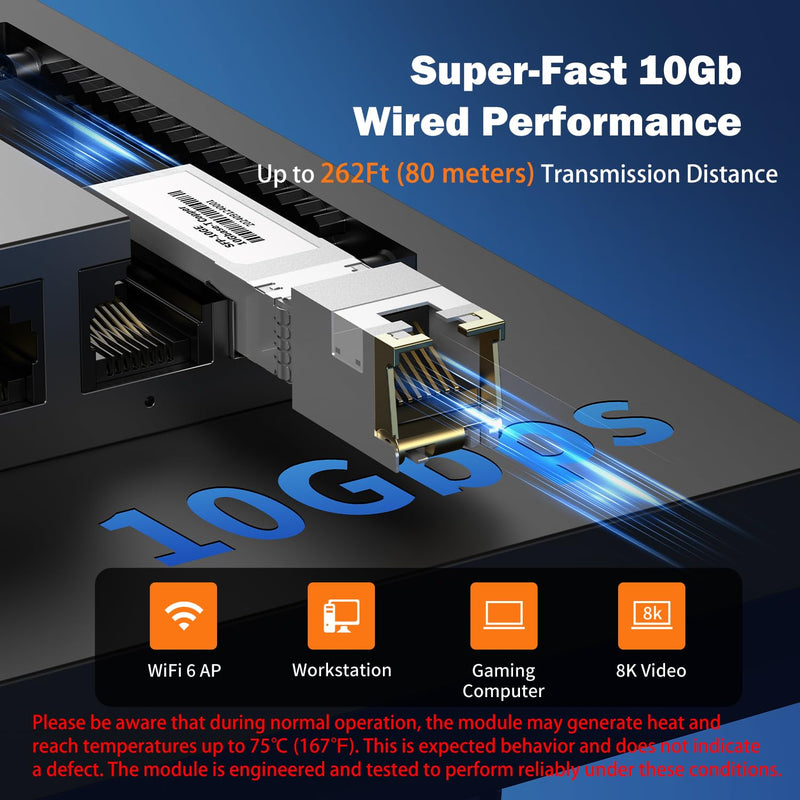 262Ft 80 Meters 10Gb SFP+ to RJ-45 Transceiver, 10 Gigabit SFP+ Copper Ethernet CAT6a Module Compatible with 5Gb/ 2.5Gb, NOT Compatible with Brand Dell, Aruba, HP, H3C [1-Pack]