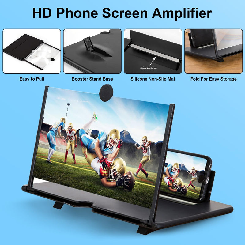 Screen Magnifier for Phone, 12inch HD Mobile Phone Magnifier Screen Enlarger for Movies Videos Games, Clear, Lightweight Foldable Mobile Holder Compatible with All Smartphones (Black) Black 12 Inch