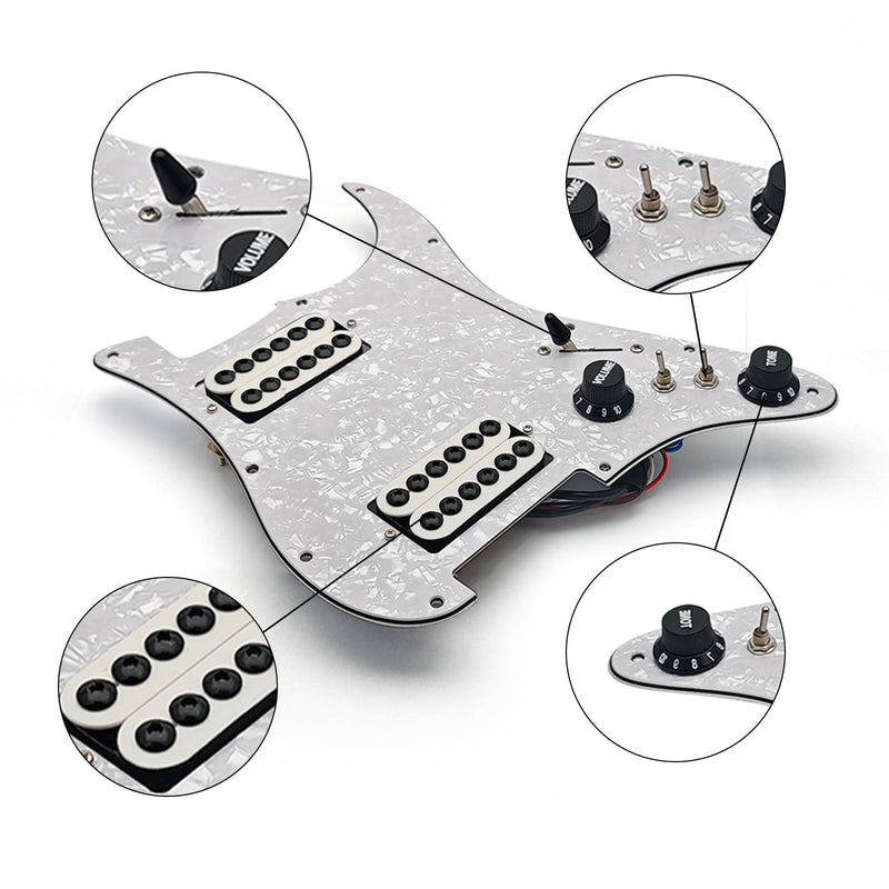 MAXCHEER 11-Hole 3-Ply HH Prewired Loaded Pickguard,Two Humbucker Coil Spliting Pickguard HH Guitar Pickguard Electric Guitar Pickguard Two Humbucker Loaded Prewired Scratchplate (Pearl White, HH) Pearl White