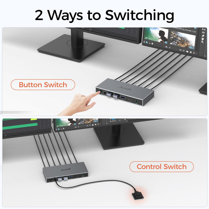 Alxum KVM Switch 2 Monitors 2 Computers Display Port with Wired Remote | 4K 60Hz 2 PC Dual Monitors KVM Switcher Displayport 4 USB 3.0 Port for Keyboard Mouse Printer,2 in 2 Out with Power Delivery