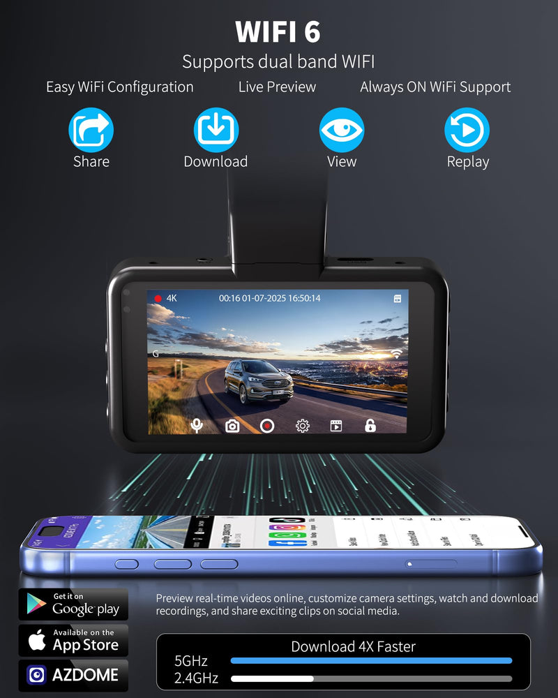 AZDOME 4K Dash Cam Front and Rear 1080P, Free 64GB Card Included, 5.8GHz WiFi Dual Dash Camera for Cars, 3" IPS Screen Dashcam, Car Camera with G-Sensor, 170°Wide Angle,24H Parking Mode Voice Control M17pro