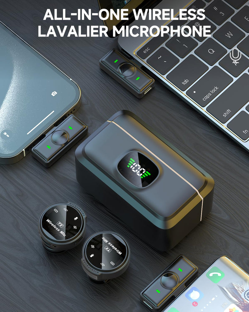 Caiord 2 Pack Wireless Lavalier Microphone for iPhone 15, Android, USB C, ipad with Adapter Included, Noise Cancellation Mini Lapel Mic for YouTube, Recording, Vlog, Facebook Live Streaming (Cream) Beige