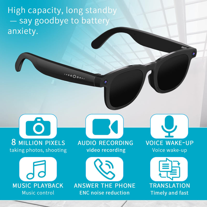 Smart Glasses with Camera & AI, 8MP Photo/Video Recording Glasses with Image Stabilization, Live Translation & Voice Control, Bluetooth Music, for Outdoor Cycling Travel Recording