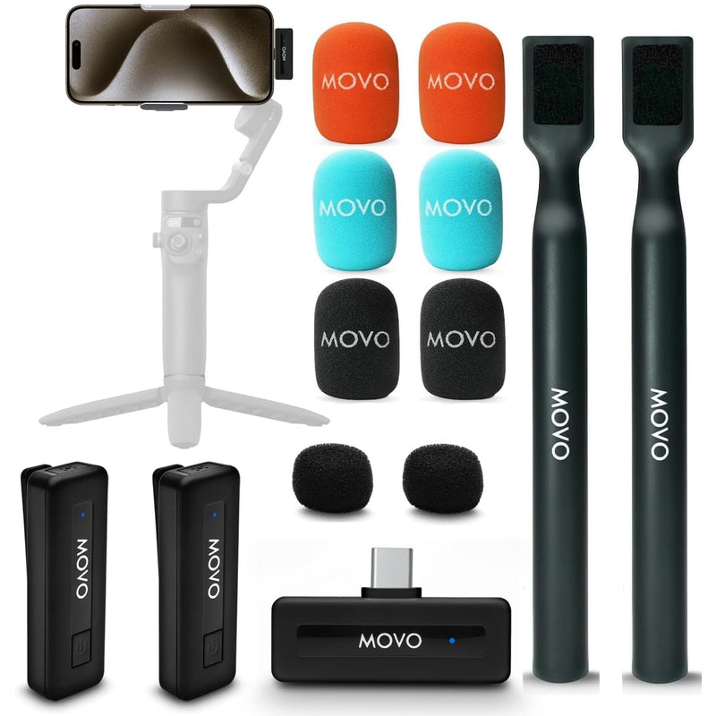 Movo Wireless Mini UC Duo Dual Ultra Compact Wireless Lavalier Microphones for iPhone 15/16/17 with Handheld Adapter - Lapel Mic with Handle Mount for Content Creators, Interviews, Reporting and More USB-C DUO