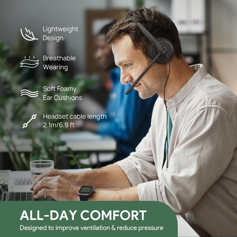 Yealink UH34 USB Headset with Mic, Single Ear Wired Headphones with Noise Cancelling Microphones, Professional Work Headphones VoIP Phone Computer Call Center Office,Ultra Light Mono