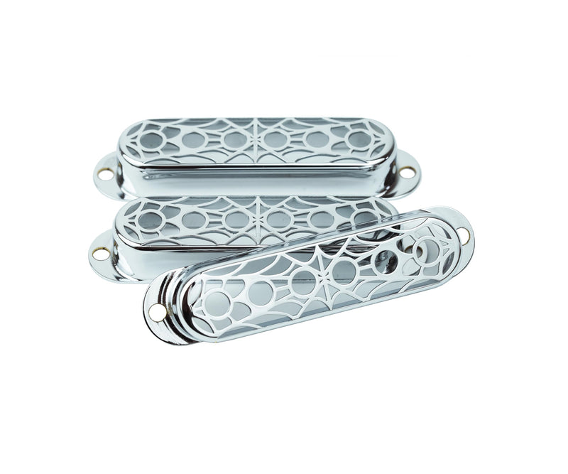Guyker 3Pcs Single Coil Guitar Pickup Covers (52mm Pole Spacing), Copper Hollow Out Spider Web Style Pickup Mounting Ring Set Guitar Accessories Replacement Part(PS007, Chrome) PS007, Chrome