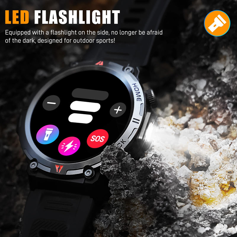 Military Smart Watches for Men Built-in GPS LED Flashlight Smartwatch | Rugged Tactical Smart Watch 3ATM Waterproof Compass Calls 530mAh Battery Fitness Tracker with HR/Sleep Monitor iOS Android KE3P Black