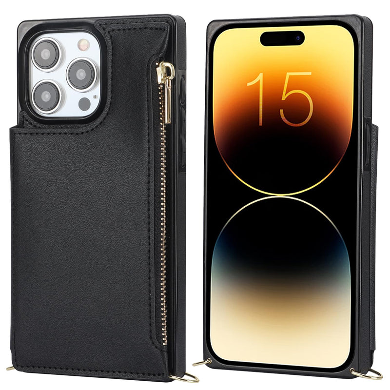 Bocasal Crossbody Wallet Case for iPhone 15 Pro Max with RFID Blocking Card Slot Holder, Magnetic Flip Folio Purse Case, PU Leather Zipper Handbag with Detachable Lanyard Strap 6.7 Inch 5G (Black) Black