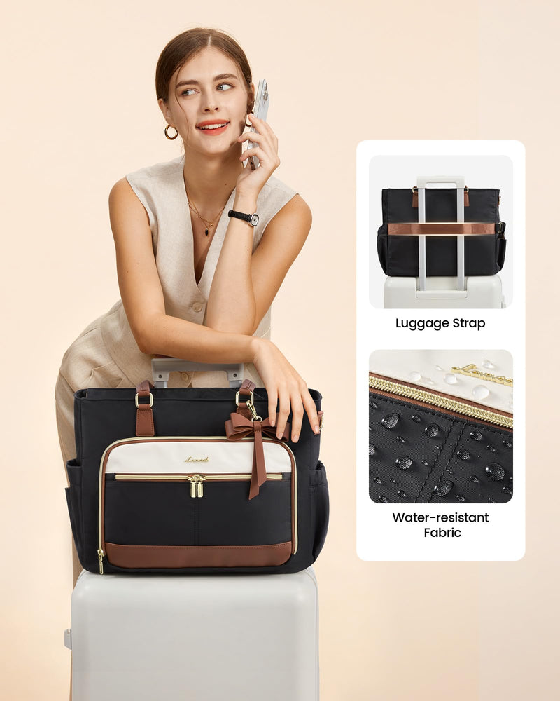LOVEVOOK Teacher Tote Bag for Women, Work Laptop Tote, Computer Briefcase | Large Cup Holder, Nurse Bag for Travel, Business & Office, Bible Bag with Shoulder Strap, Gift Black-beige-brown 15.6 Inch