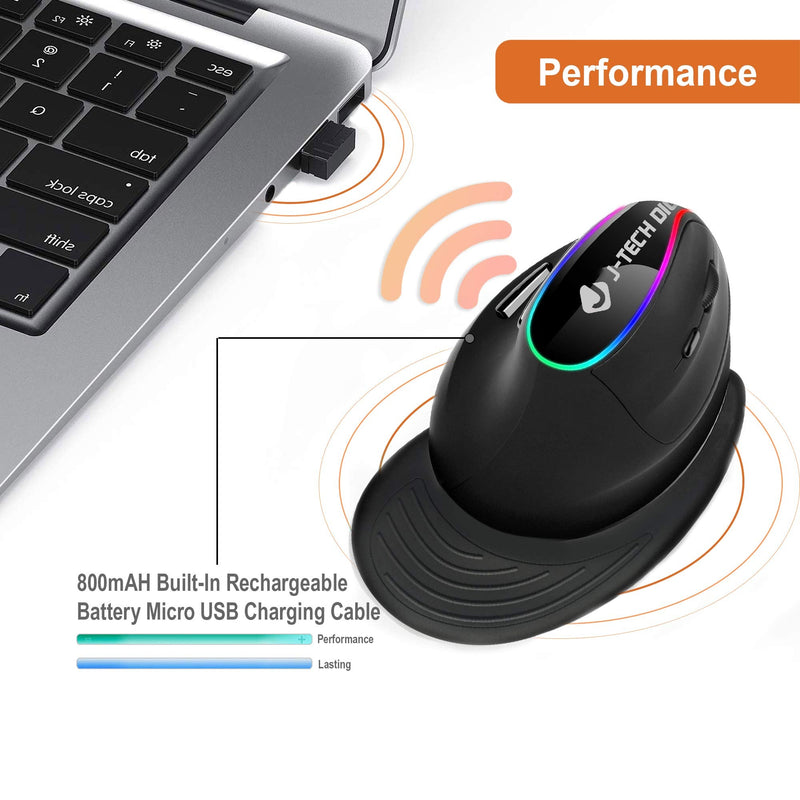 J-Tech Digital Ergonomic Mouse with Wireless Connection, Removable Palm Rest, Thumb Buttons, Rechargeable Battery, 800, 1200, 1800, 3200 Adjustable DPI; Compatible with Windows and MAC OS [V638] Right Hand Black RGB LED