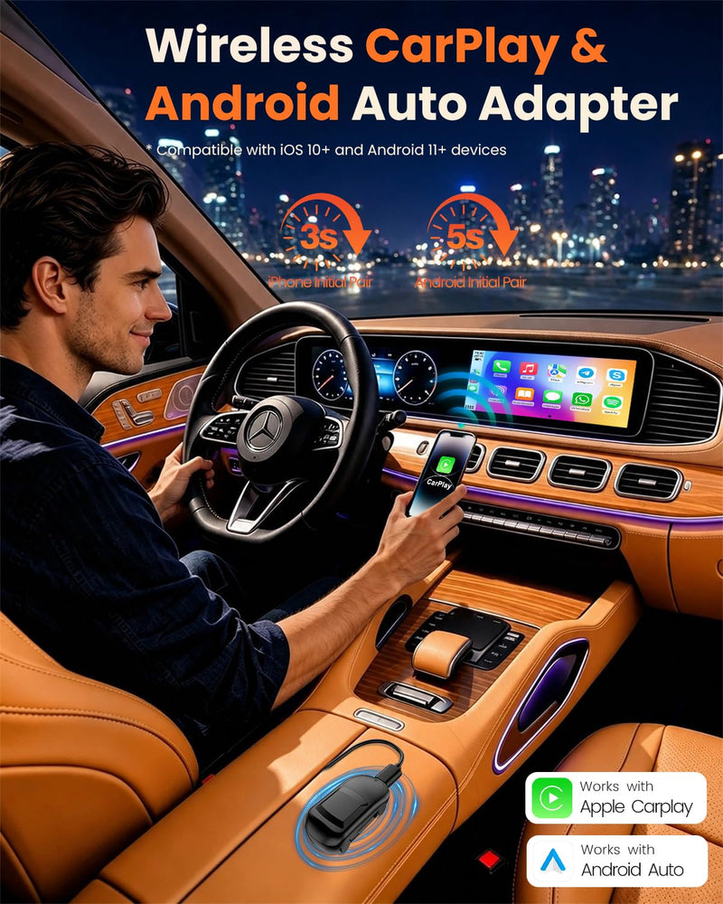 Wireless CarPlay & Android Auto Adapter – Classic Mini Car Shape, Converts Wired to Wireless, Plug & Play, Auto-Reconnect, OTA Update, Compatible with iPhone & Android (C1)