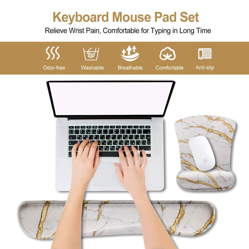 ArtSo Keyboard Wrist Rest and Mouse Pad with Wrist Support, Ergonomic Mouse Pad, Durable & Comfortable & Lightweight for Easy Typing Pain Relief, Memory Foam Keyboard Mousepad Set, White Yellow Marble
