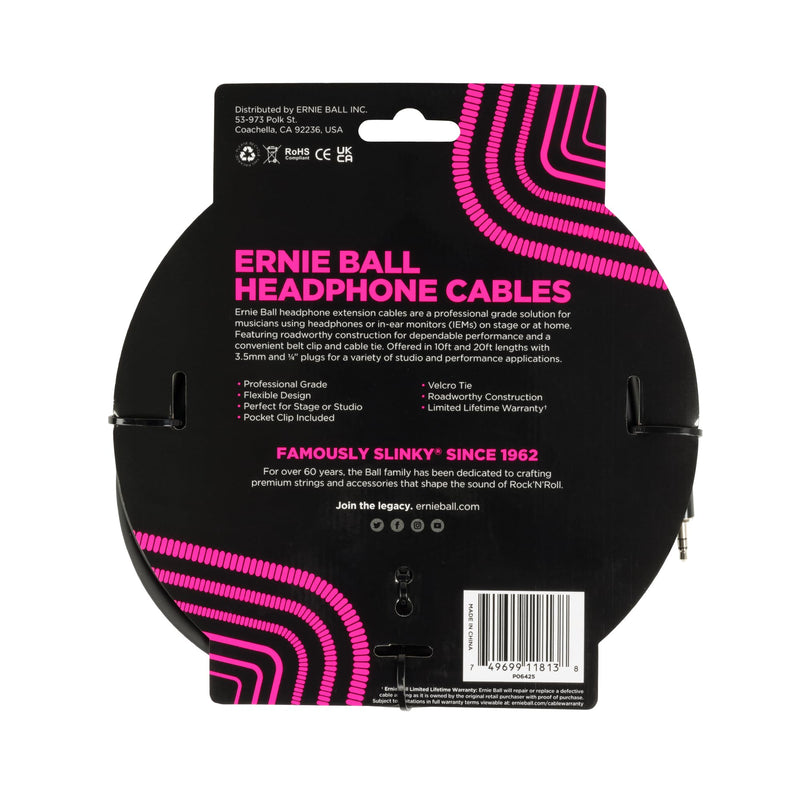 Ernie Ball Headphone Extension Cable 3.5mm to 3.5mm 20ft - Black 20 feet