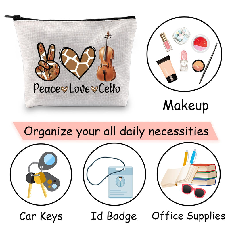 JXGZSO Musician Gift Cello Instrument Makeup Bag Peace Love Cello Toiletry Bag With Zipper Cello Lover Gift