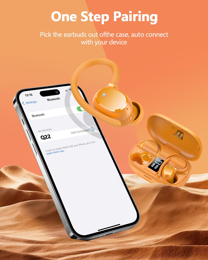 Ear buds Wireless Bluetooth Earbuds Sport 2026 NEW Bluetooth 5.3 Headphones with LED Display 128H Playtime Powerful Bass Over Ear Earphones with Earhooks IP7 Waterproof for Gym/Running/Workout Orange