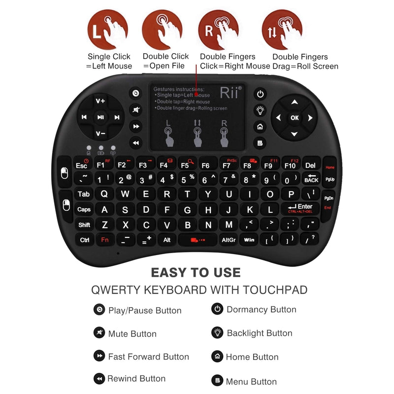 (Upgraded)Rii 2.4GHz Mini Wireless Keyboard with Touchpad,QWERTY Keyboard,LED Backlit,Portable Keyboard Wireless for laptop/PC/Tablets/Windows/Mac/TV/Xbox/PS3/Raspberry Pi .(i8+ Black)