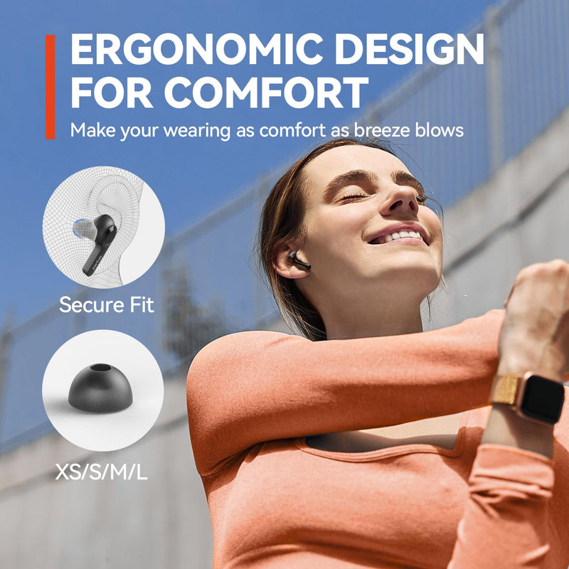 EarFun Air True Wireless Earbuds, Bluetooth Earbuds with 4 Mics Clear Call | IPX7 Waterproof, Game Mode, Deep Bass, Wireless Charging, USB-C Fast Charge, 35H Playtime, Black