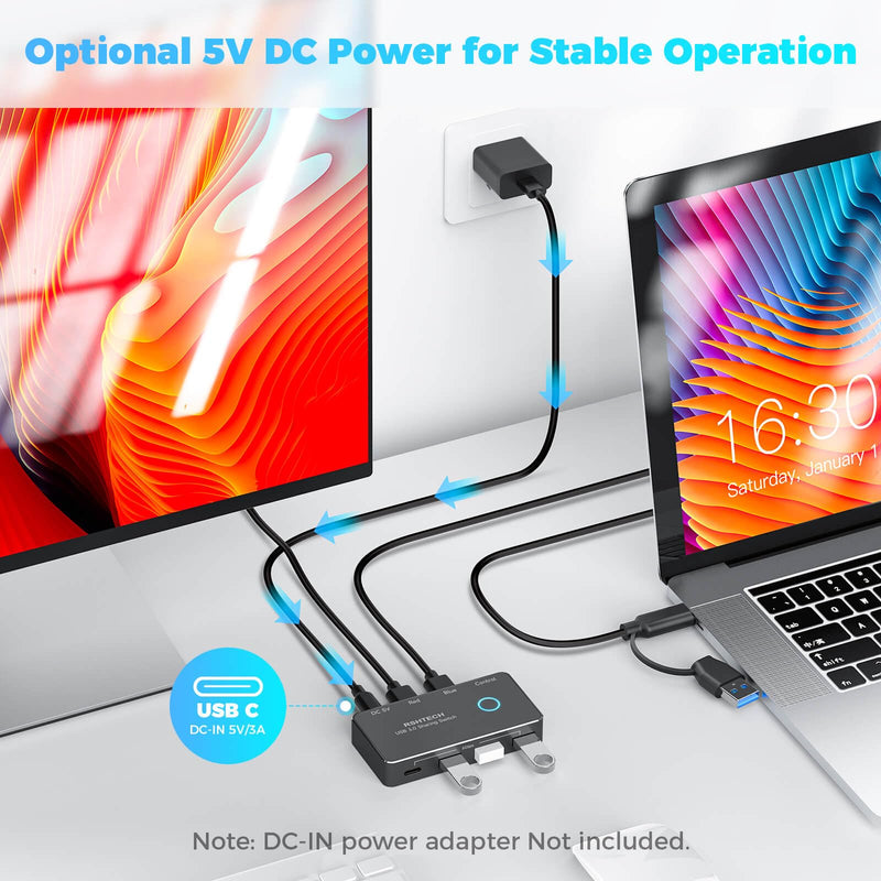 RSHTECH USB 3.0/USB C Switch 2 Computers Share 4 USB Devices, RSH-A201R | USB Switcher Selector with 4 USB 3.0 Data Ports(3 USB-A+1 USB-C), 2 Cables and Controller for Keyboard, Mouse and Printer Black 4 Ports USB Switch