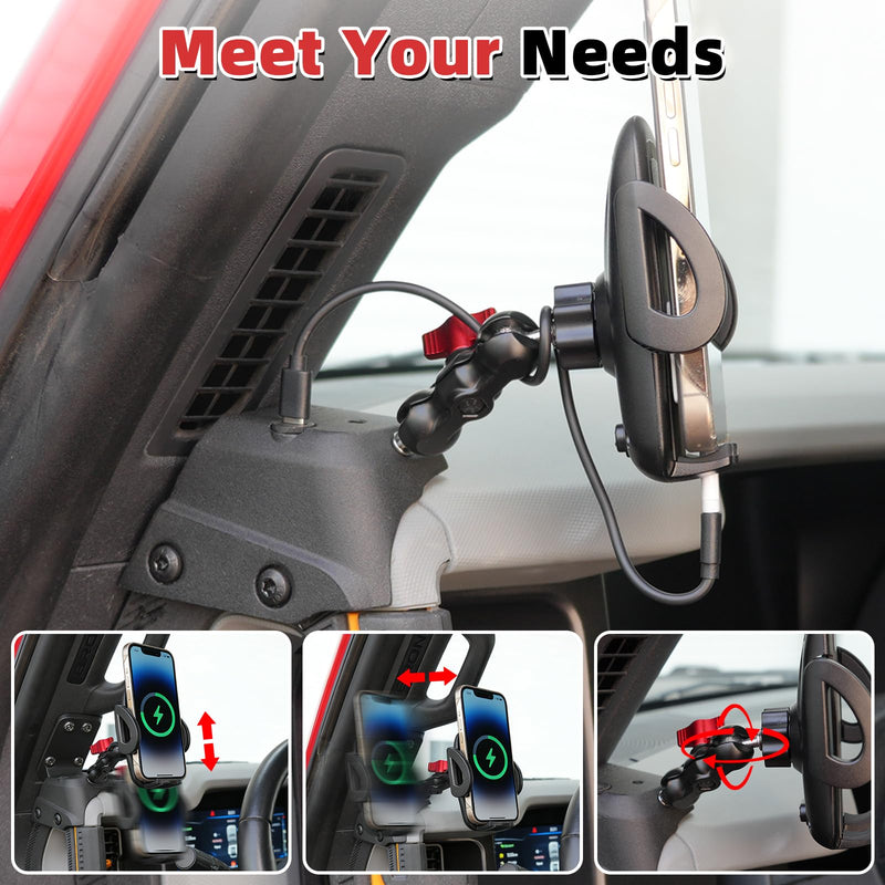 Phone Holder with Charging C Port for Ford Bronco 2021 2022 2023 2024 2025 2026, Easy One Touch Lock, Adjustable Angle 360° Phone Mount for Bronco Accessories (NOT fit for Sport) Clamp