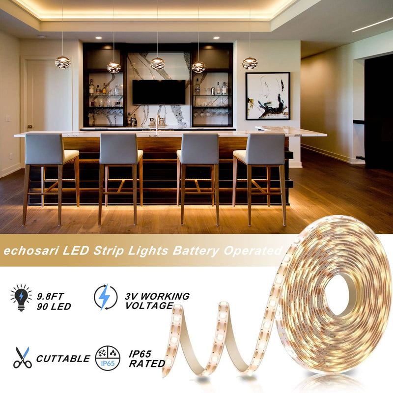 [AUSTRALIA] - echosari Battery Powered Led Strip Lights with Remote Warm White, 8 Modes, Dimmable, Timer, Self-Adhesive, Cuttable, Waterproof, 9.8FT 90Led Strip Lights for TV Kitchen Cupboard Bedroom Decor 