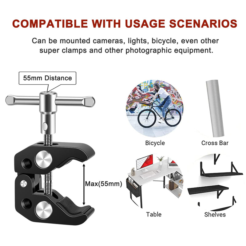 [AUSTRALIA] - Camera Mount Clamp with Double Ball Head Adapter - 2 Pack. Compatible with LED Lights, Gopro, Insta360, DJI Action, Ronin-M, Ronin MX. 360° Ballhead and 1/4’’ + 3/8’’ Thread Hole. 