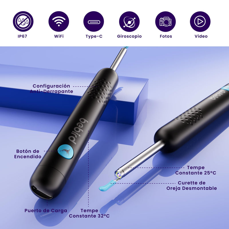 BebirdPro Ear Wax Remover Otoscope R1, 1080P HD Ear Cleaner with Camera, Otoscope with Light, Wide Angle Otoscope IP67 Waterproof Ear Cleaner for Adults, Children, iOS, Android black