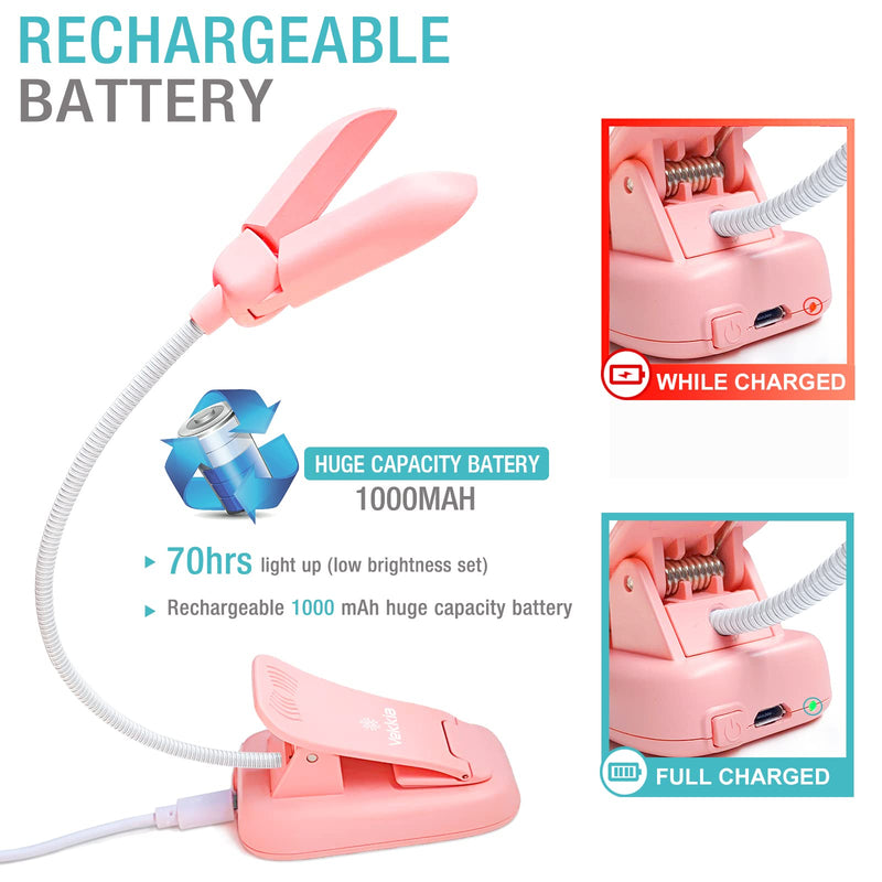 Vekkia 14 LED Rechargeable Book-Light for Reading at Night in Bed, Warm/White Reading Light with Clamp, 180° Adjustable Mini Clip on Light, Lightweight Eye Care Book Light Perfect for Readers & Kids Pink