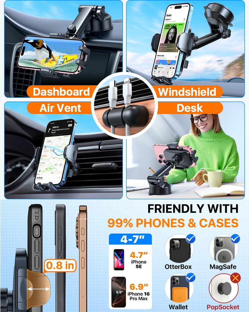 2026 Ultimate Best【True Military-Grade & Safety Cert】New Car Phone Holder | Upgraded 360°Rotation & 100LBS Strongest Suction,5-in-1,Truck Windshield Window Dashboard Vent Mount for iPhone Android,Black Black