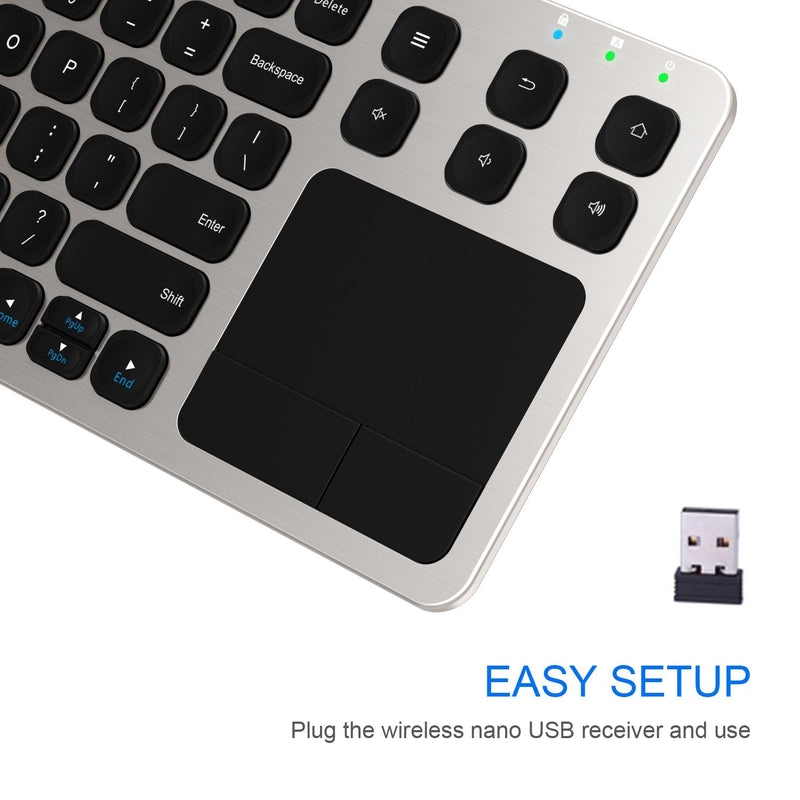 Wireless Keyboard, Arteck 2.4G Wireless Touch TV Keyboard with Easy Media Control and Built-In Touchpad Mouse Solid Stainless Ultra Compact Full Size Keyboard for TV-Connected Computer, Smart TV, HTPC