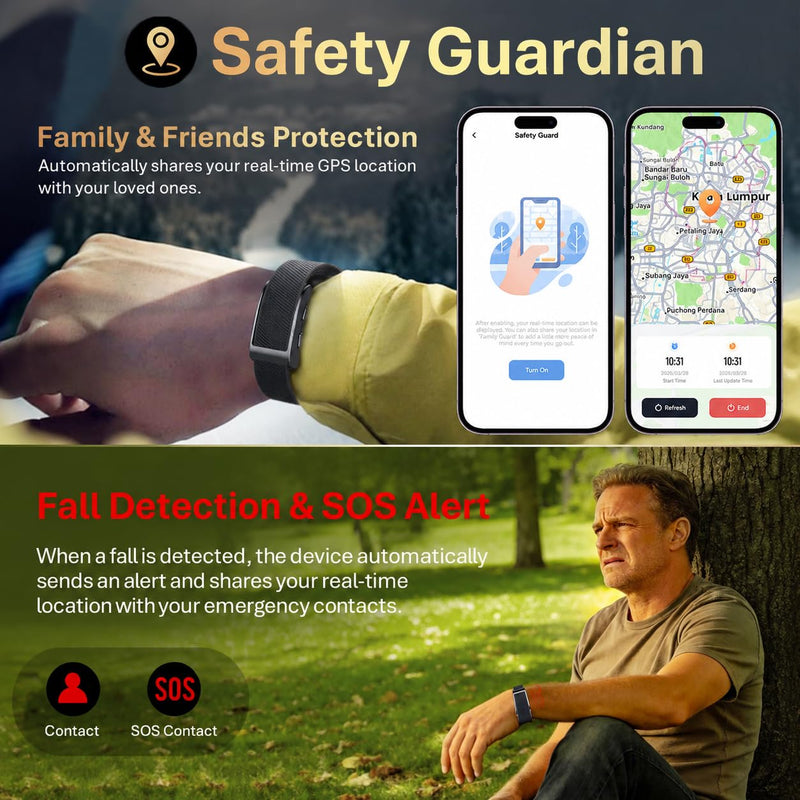 Yihou Screenless Fitness Tracker GPS Smart Bracelet Heart Rate Sleep Monitor Health Tracker Fall Detection SOS Call Pedometer Step Counter AI-Powered Activity Tracker Waterproof Nylon Wrist Band Beige
