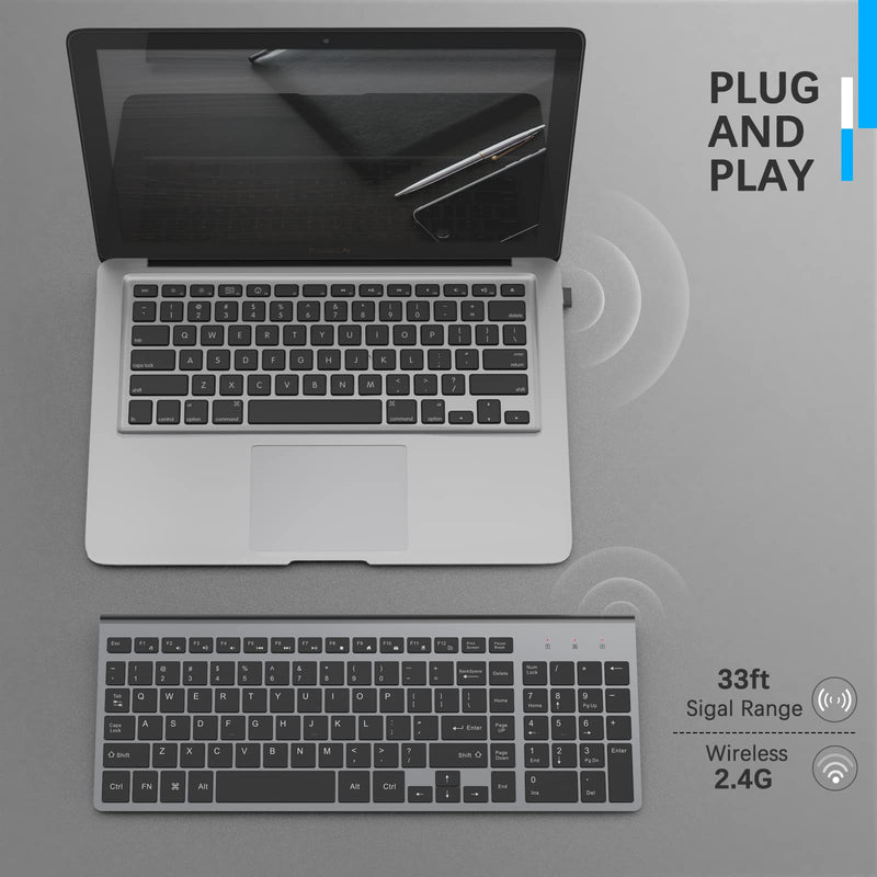 Wireless Keyboard, J JOYACCESS 2.4G Slim and Compact Wireless Keyboard with Numeric Pad for Laptop, MacBook Air, Apple, Computer, PC(Black and Grey) Black