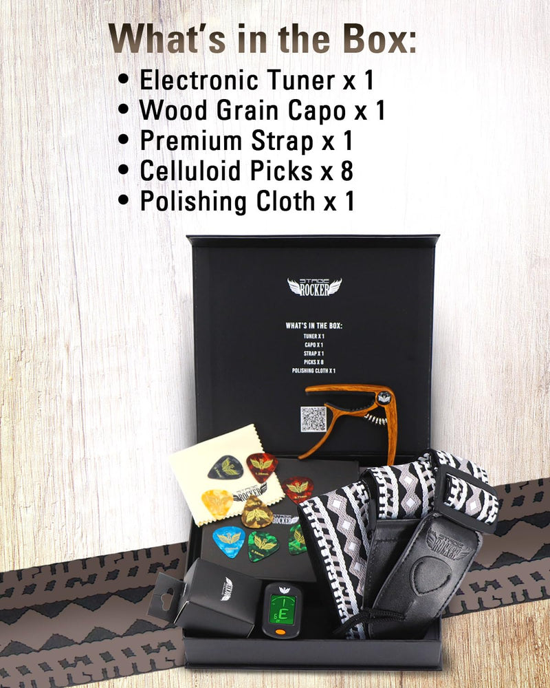 Guitar Accessories Gift Box for Acoustic and Electric Guitars, Black & White Jacquard Weave Guitar Strap, Picks, Capo, Tuner, Cleaning Cloth, 5-in-1 Essential Gift
