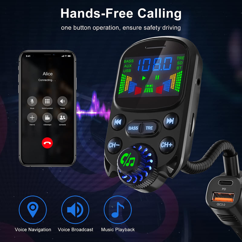 [AUSTRALIA] - Bluetooth 5.3 FM Transmitter for Car SOARUN Bluetooth Car Adapter PD30W & USB Port Fast Charge, HiFi Treble & Bass Player, 1.6" Display Hands-Free Calling Truck Radio with AUX Input/Output, TF Card Beige 