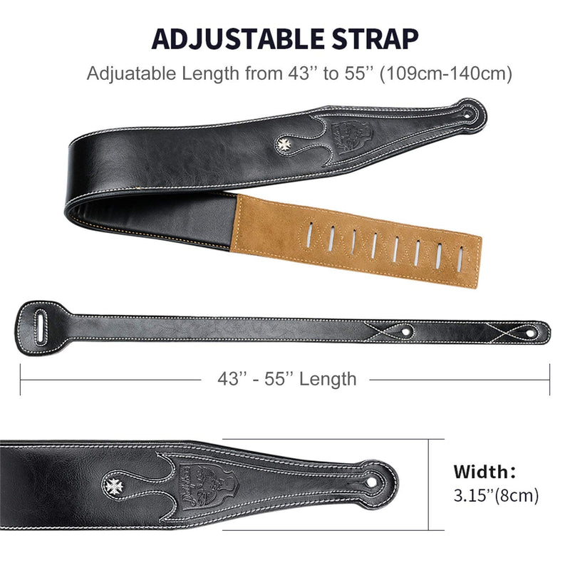 [AUSTRALIA] - Leather Guitar Strap, 3.15" Genuine Leather Guitar Strap with Suede & Leather Lined for Bass, Electric Guitar and Acoustic Guitar (Black) Black 