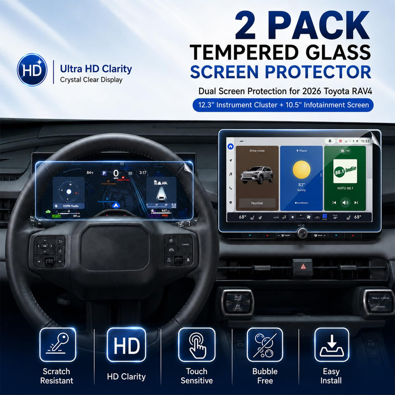 2PCS Screen Protector for 2026 Toyota RAV4 10.5/12.3-Inch | Fit for LE/SE/XLE Premium/Woodland, HD Tempered Glass, Smooth Touch Response, Interior Accessories 10.5'' navigation+12.3'' dashboard