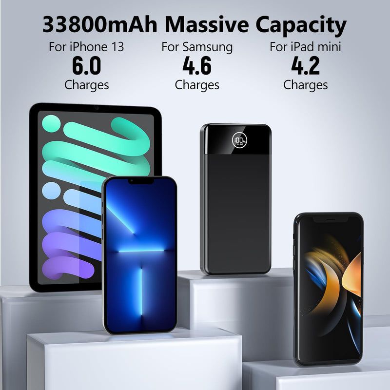 Portable Charger, 33800mAh Power Bank, 22.5W Fast Charging Battery Pack with USB C/USB A Output, Digital Display Portable Phone Charger for iPhone 15/14/13 Pro Samsung Google Android Cell Phone etc Black