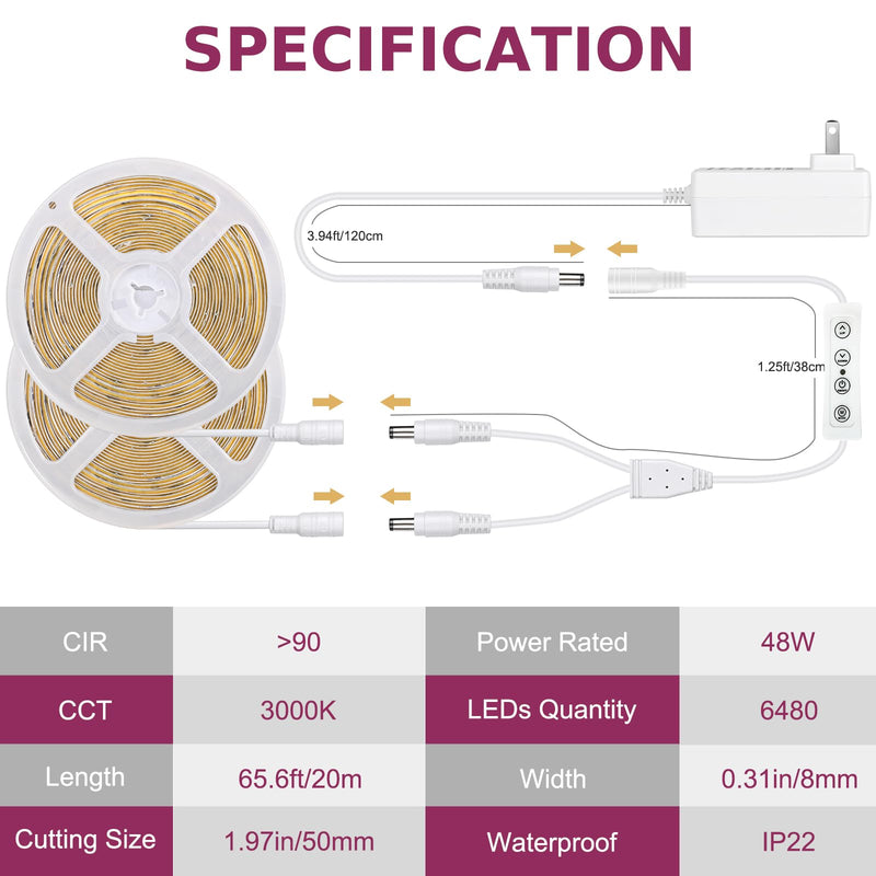 [AUSTRALIA] - Wefomey 65.6ft COB LED Strip Light with Remote, 3000K Dimmable Bright Warm White Led Lights Strip, Flexible DC24V Led Tape Light for Bedroom, Kitchen, DIY Lighting (2 Rolls of 32.8ft) 65.6Ft-3000K Warm White 