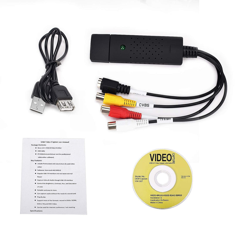 USB Video Capture Card – RCA to USB Audio Video Converter for VHS, Mini DV, VCR, Hi8, DVD to Digital, Support PAL/NTSC, Works with Windows & Mac