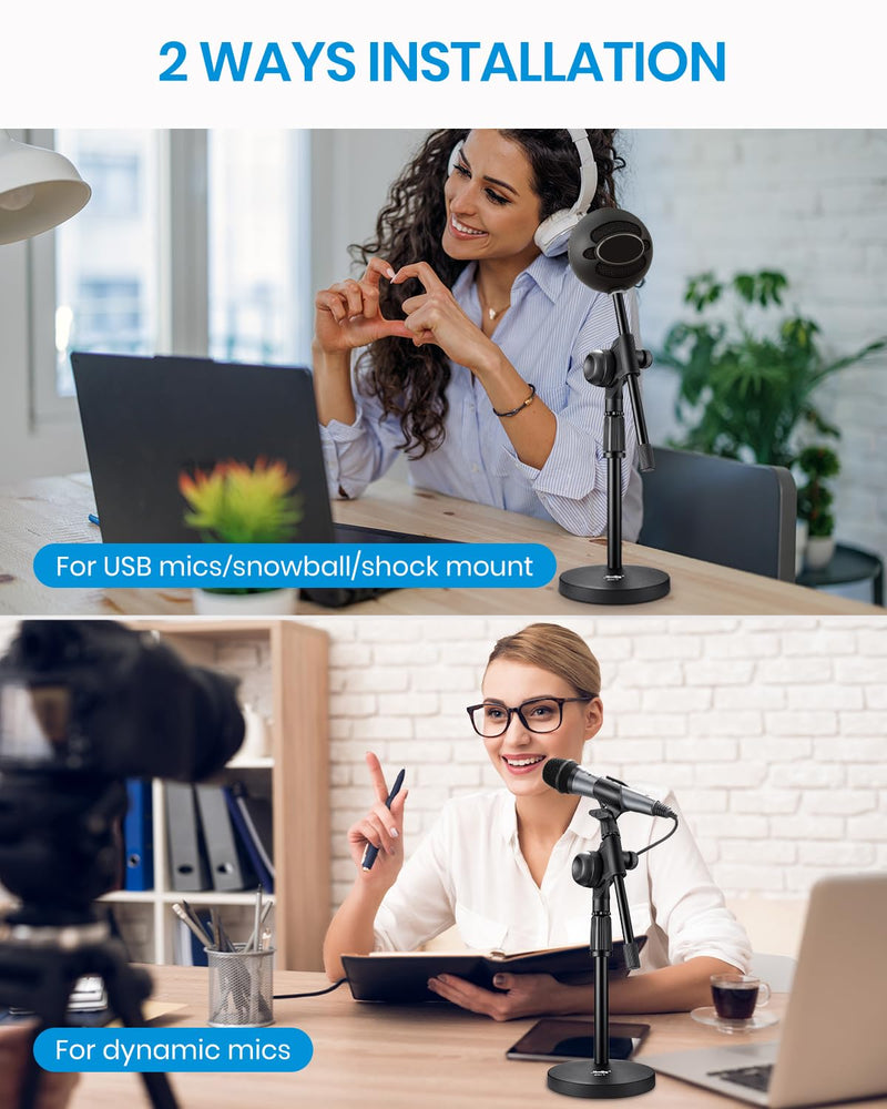 Moukey Mic Stand Desk Adjustable Tabletop Microphone Stand with Non-Slip Mic Clip, Short Table Mic Stand with Gear Fixing, Boom Arm, 3/8" and 5/8" Adapter, MMs-5