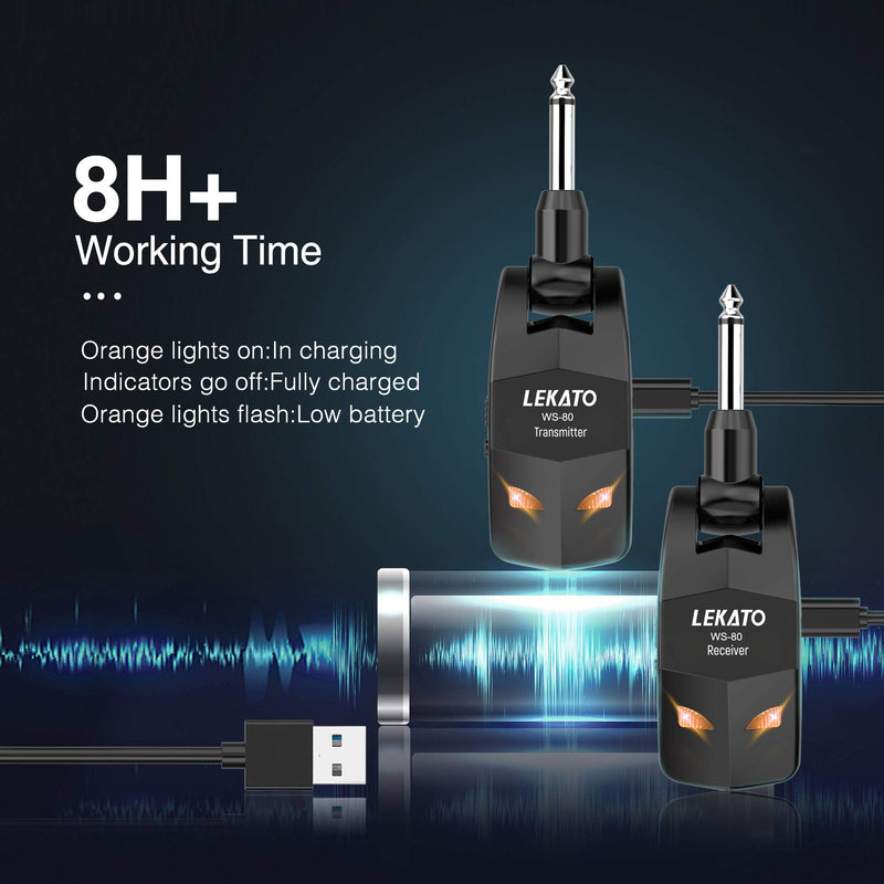 [AUSTRALIA] - LEKATO Wireless Guitar System 2.4GHz Audio Guitar Transmitter Receiver with 4 Channels Rechargeable Guitar Wireless System for Guitar Bass Electric Instruments Practise/Performance(WS-80) 