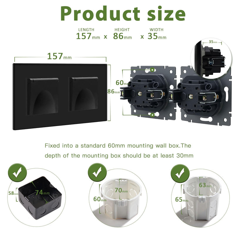 [AUSTRALIA] - BSEED 2-Way Socket with Waterproof Cover, Schuko Socket with Plug-In Terminal, Flush-Mounted Socket with Crystal Glass Plate, Double Socket, Built-in Socket, 16 Amp, Wall Socket, 157 mm, Black 2 compartments with waterproof cover 