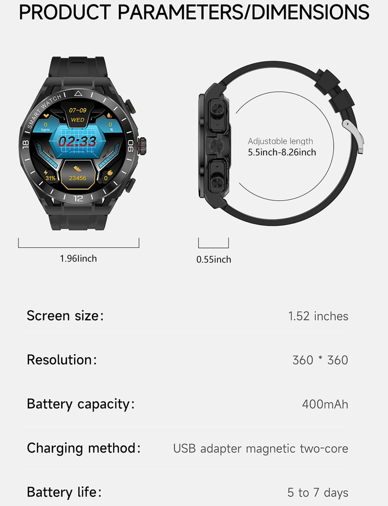 Smart Watch with Earbuds for Android and iPhone,1.52'' HD Screen,Answer/Make Calls,Fitness Tracker,Ultra-Thin Design,Watch with Earbuds for Men Women black