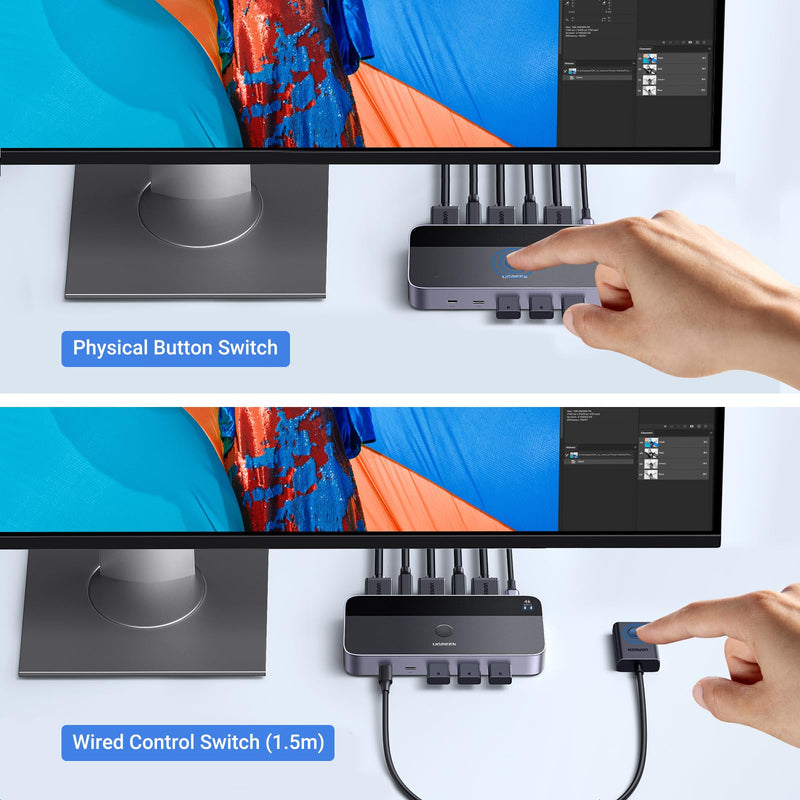 UGREEN HDMI KVM Switch 1 Monitor 2 Computers, Aluminum, 4K@60Hz | with 4 USB 3.0 Ports, for 2 PCs Sharing 1 Monitor Keyboard Mouse Hard Drives Printer, with 2 HDMI+2 USB Cables and Controller
