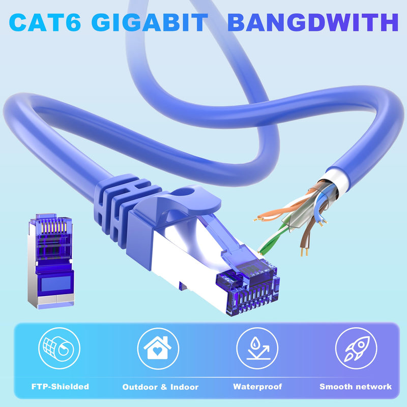 Soibke Cat6 Outdoor Ethernet Cable 200ft(10 RJ45), Shielded Cat 6 Cable FTP | 23AWG Ethernet Cable Cat 6 FTP, Heavy Duty Cat6 Cable Bulk, Waterproof, Direct Burial, UV Resistant, LAN Internet, for Router Blue