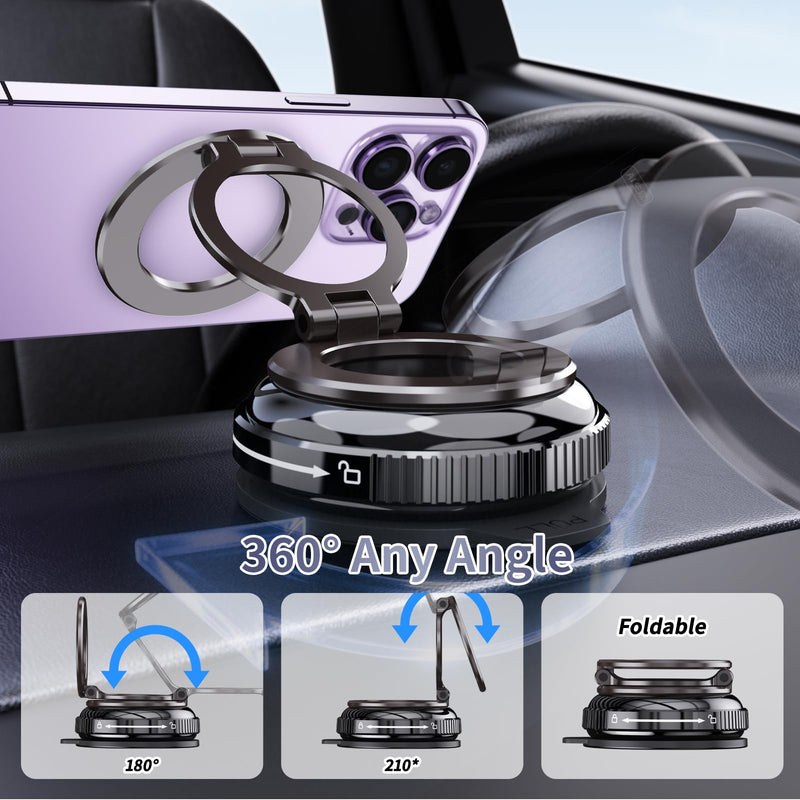 for MagSafe Car Mount, Vacuum Suction Phone Holder | 32 kgf Suction, 720° Rotation, Detachable Dual-Side Zinc Magnetic Head, for iPhone 12–17 & Android, Sticks to Metal