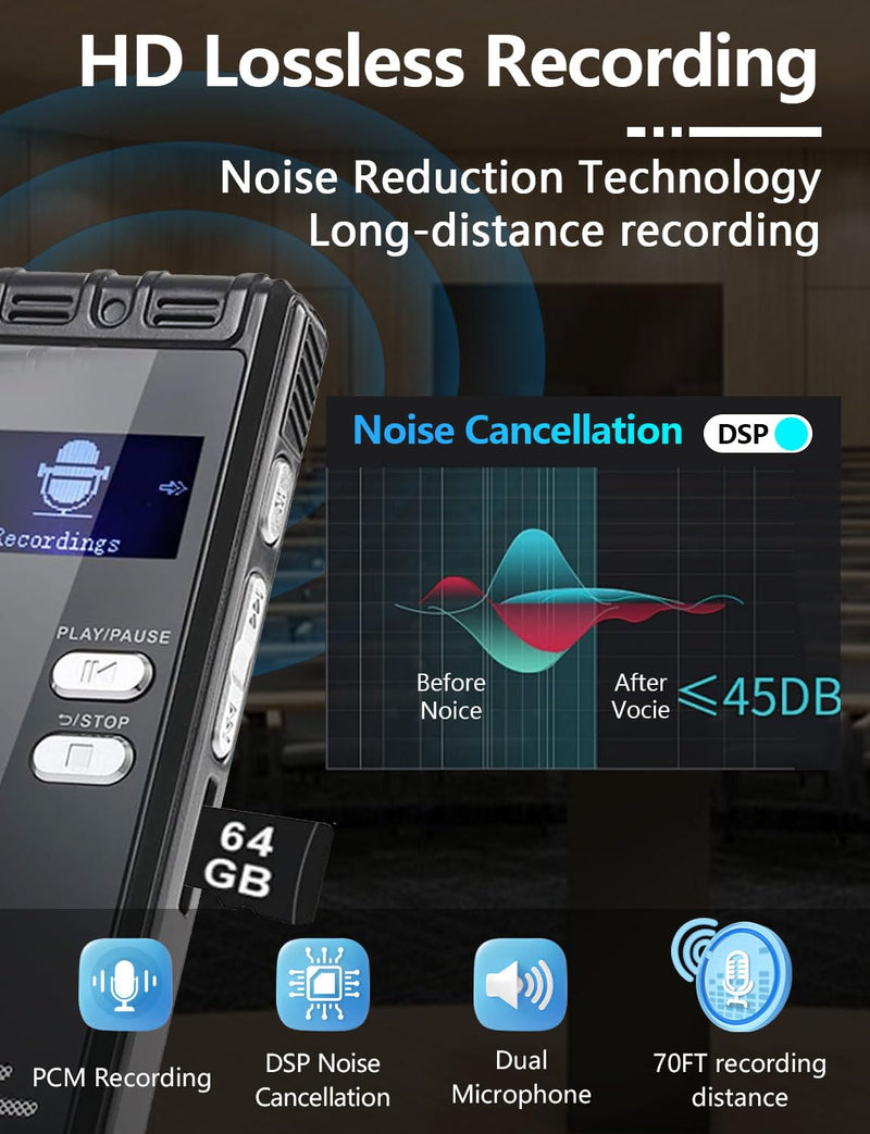 [AUSTRALIA] - 64GB Digital Voice Activated Recorder with Playback - 4552 Hours Audio Recording Device, 3072Kbps HD Dual MIC Tape Recorder Device for Lecture A-B Repeat, MP3 Player, Password,【64GB TF Card Included】 64GB 