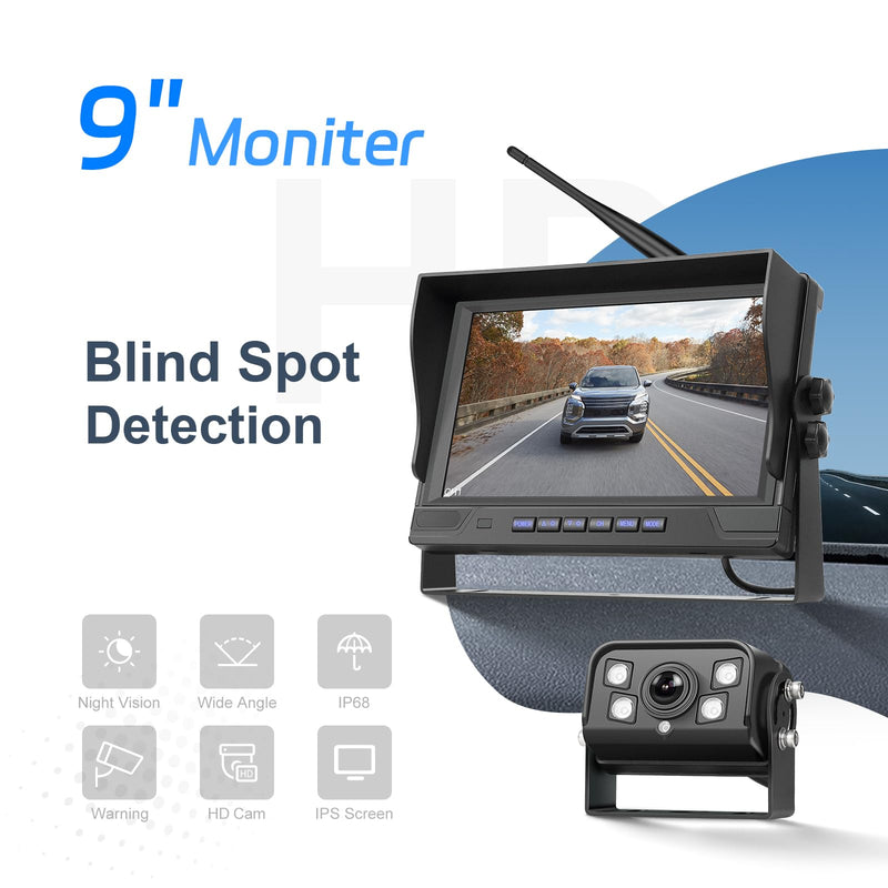 9 Inch Wireless Backup Camera for Truck RV Backup Camera Wireless, 4 Channels Split Screen, BSD Alert, Night Vision, IP68K Waterproof, for Truck, Pickup, Trailer, Cars - Parking Safety