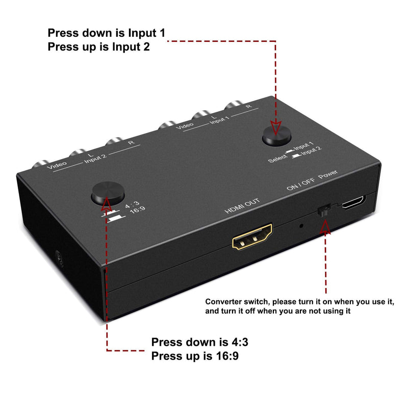[AUSTRALIA] - Dingsun 2 Port AV to HDMI Converter, RCA to HDMI Adapter Support 16:9/4:3 Compatible with WII, N64, PS2, VHS, VCR DVD Players etc 2Port RCA to HDMI Converter 