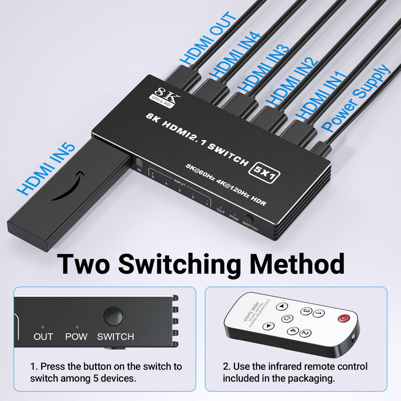 HDMI 2.1 Switch 5x1, 8K HDMI Switch 5 in 1 Out, Support 8K/60Hz 4K/120Hz HDCP 2.3 HDR10, 5-Port HDMI Switcher Selector Box Compatible with PS3/4/5, Fire Stick, DVD, Xbox Switch and Other HDMI Devices 8k 5 in 1 out